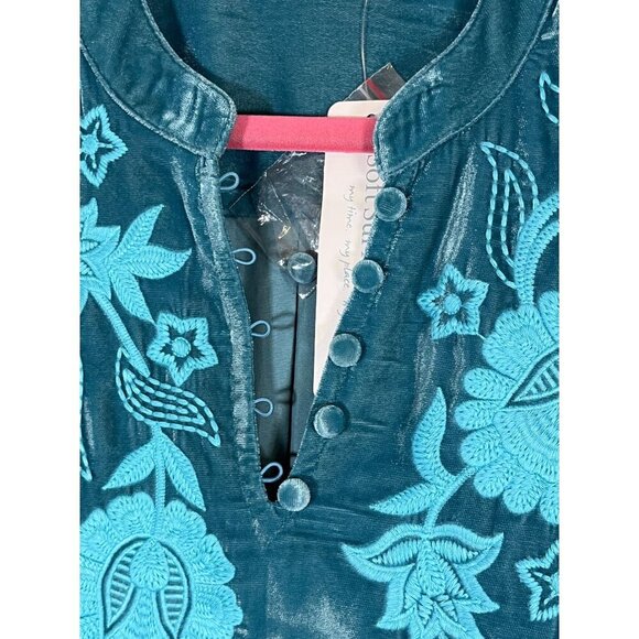 Soft Surroundings Floral Top L Blue Embroidery Tunic Boho Western Old Money Chic - Picture 8 of 12
